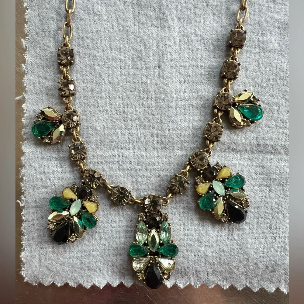 J Crew Emerald and Gold Tone Rhinestone Statement Necklace - Picture 2 of 4